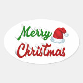 Sticker Ovale Joyeux Noël Santa Chapeau rouge vert script (Devant)