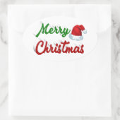Sticker Ovale Joyeux Noël Santa Chapeau rouge vert script (Sac)
