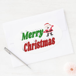 Sticker Ovale Joyeux Noël Santa Claus rouge vert typographie