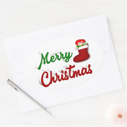 Sticker Ovale Joyeux Noël Stocker rouge vert script (Enveloppe)