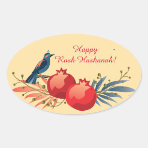 Sticker Ovale Joyeux Rosh Hashanah Juif Nouvel An Modèle Floral