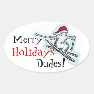 Sticker Ovale Joyeux vacances Dudes fun père Noël skieur autocol
