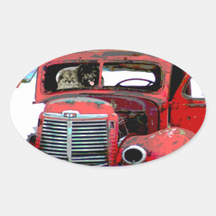 Sticker Ovale Keeshond Noël Vieux Camion Peinture Chien Art