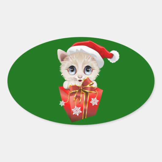 Sticker Ovale Kitten Noël Père Noël avec cadeau (Devant)