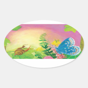 Sticker Ovale La fourmi, l'escargot et le papillon bleu de Chapm