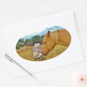 Sticker Ovale Lapin blanc et Cheval jaune (Enveloppe)