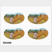 Sticker Ovale Lapin blanc et Cheval jaune (Feuille)