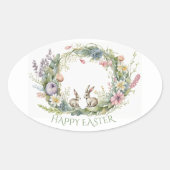 Sticker Ovale Lapins De Pâques Dans Une Couronne Florale (Devant)