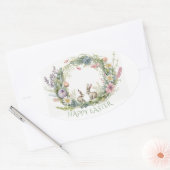 Sticker Ovale Lapins De Pâques Dans Une Couronne Florale (Enveloppe)