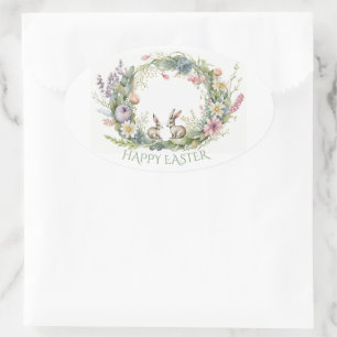 Sticker Ovale Lapins De Pâques Dans Une Couronne Florale