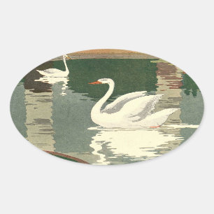 Sticker Ovale Le cygne blanc reflété sur le lac