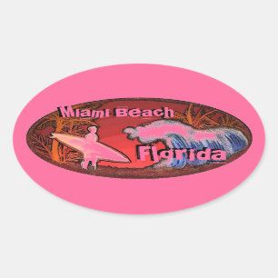 Sticker Ovale Le surfer rose de Miami Beach la Floride ondule