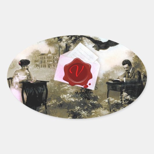 STICKER OVALE LETTRE VALENTINE ROMANTIQUE, MONOGRAMME DE SCEAU D (Devant)