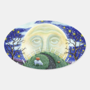 STICKER OVALE L'HOMME CITROUILLE RENCONTRE L'HOMME DANS LA LUNE,