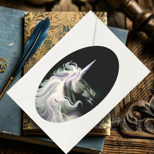 Sticker Ovale Licorne Blanche Élégante Crinière Fluide Fantaisie
