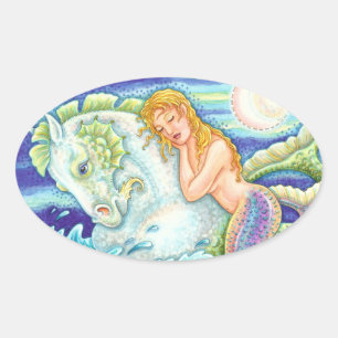 STICKER OVALE L'IMAGINAIRE DE MARINE MERMAID À MERHORSE, SEAHORS
