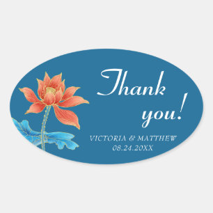 Sticker Ovale Lotus Flower Orange & Merci Mariage bleu