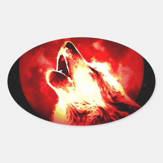 Sticker Ovale Loup, lune et ciel rouge (Devant)