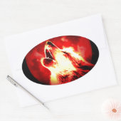 Sticker Ovale Loup, lune et ciel rouge (Enveloppe)
