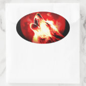 Sticker Ovale Loup, lune et ciel rouge (Sac)