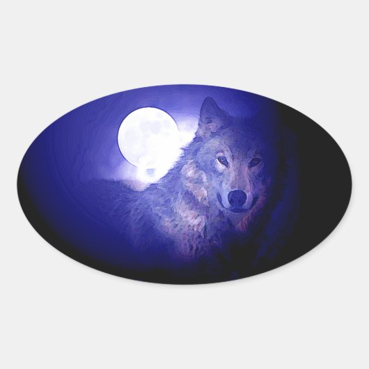 Sticker Ovale Loup, Lune et Nuit Bleue (Devant)
