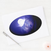 Sticker Ovale Loup, Lune et Nuit Bleue (Enveloppe)