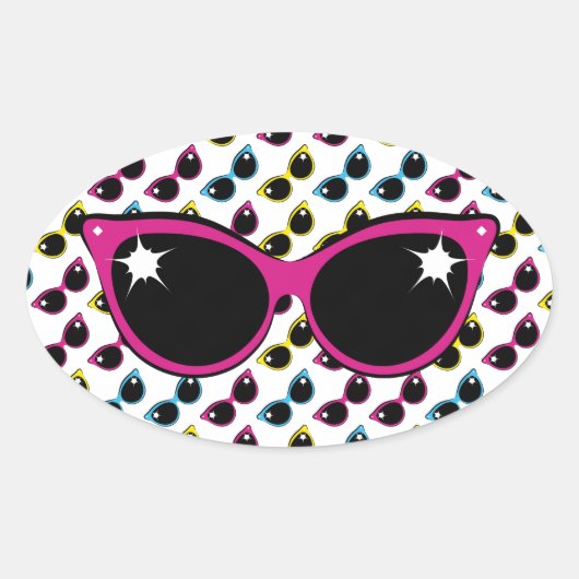 Sticker Ovale Lunettes de soleil de chat Retro Motif avec rose (Devant)