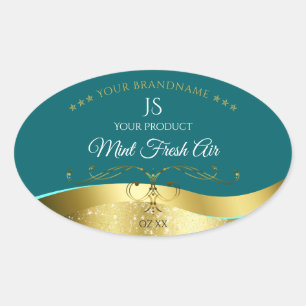 Sticker Ovale Luxueux Décor Wavy Or foncé Monogramme Turquoise É