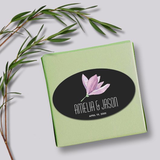 Sticker Ovale Magnolia violet floral sur Mariage noir
