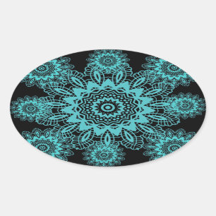 Sticker Ovale Mandala bleu et noir turquoise de flocon de neige