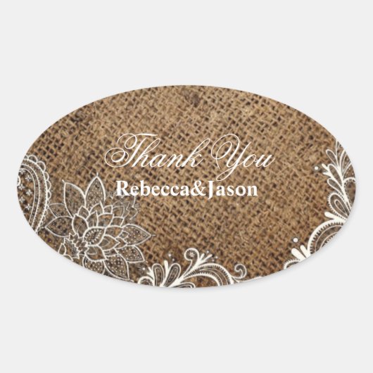Sticker Ovale mariage campagnard en dentelle de burlap rustique (Devant)
