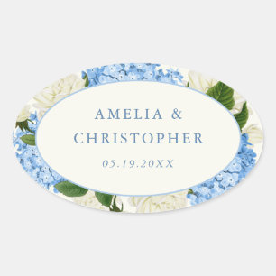 Sticker Ovale Mariage Classique Hortensia Bleu Rose Blanche