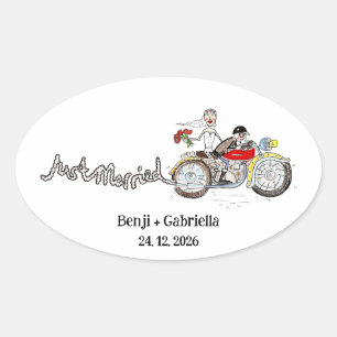 Sticker Ovale Mariage de jeunes mariés à moto