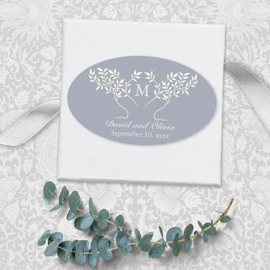 Sticker Ovale Mariage de monogramme gris Arbre de vie