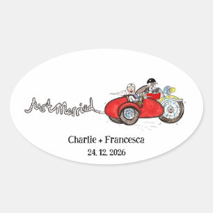 Sticker Ovale Mariage de moto et side-car de mariés
