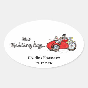 Sticker Ovale Mariage de moto et side-car de mariés