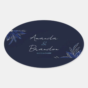 Sticker Ovale Mariage floral bleu argenté et marine