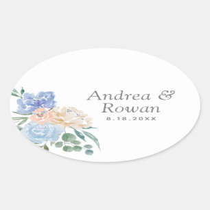 Sticker Ovale Mariage floral bleu et rose