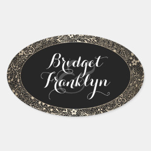 Sticker Ovale Mariage floral noir et or