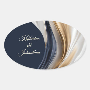 Sticker Ovale Mariage moderne bleu blanc et or