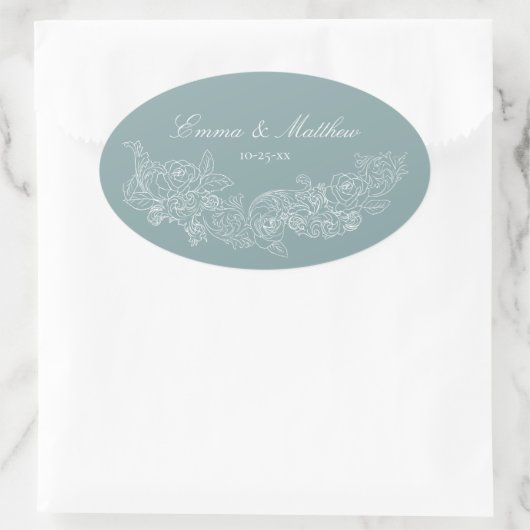 Sticker Ovale Mariage Régence Bleu Poussiéreux Ornement Classiqu (Sac)