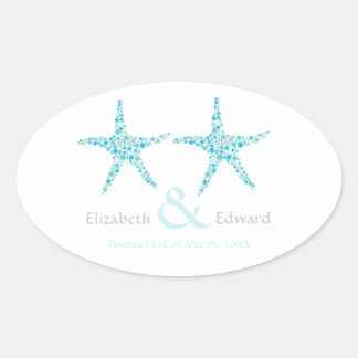 Sticker Ovale Mariage Turquoise Aqua Starfish Enregistrer la dat