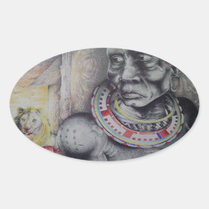 Sticker Ovale Masaï Mère & Enfant avec Lion Art Imprimer/Graphiq