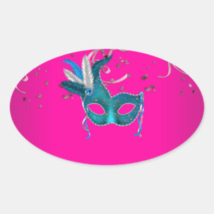 Sticker Ovale Mascarade Rose Chaud et Bleu Turquoise