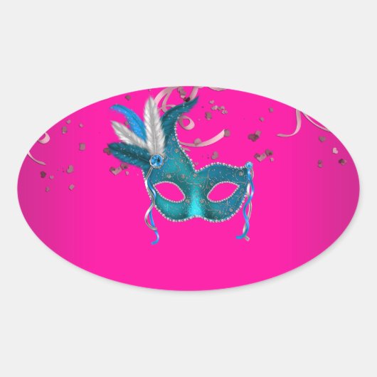Sticker Ovale Mascarade rose chaud et bleu Turquoise (Devant)