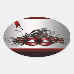 Sticker Ovale Masque de masquerade rouge élégant avec sceau d'en
