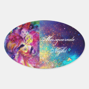 Sticker Ovale MASQUERADE NUIT Carnaval Musicien en costume rose