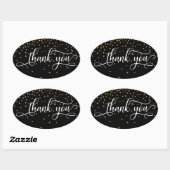 Sticker Ovale Merci Elegant Script, Confettis Dorés sur Fond Noi (Feuille)