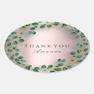 Sticker Ovale Merci Rose Blush Eucalyptus Nom Vert
