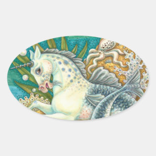STICKER OVALE MERHORSE & OCTOPUS BLANC, CHEVAL UNICORN IMAGINAIR